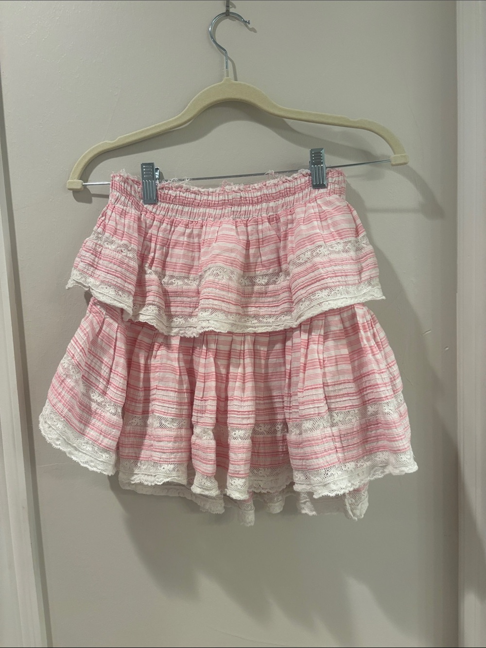 LoveShackFancy Pink & White Ruffled Lace Skirt